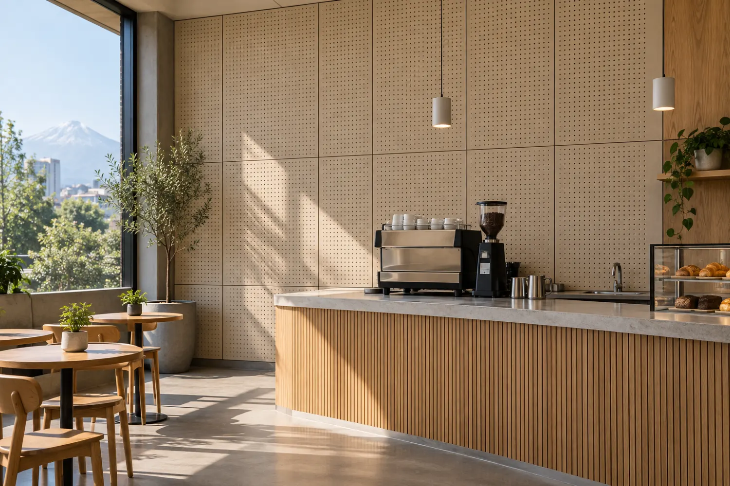 Escenario visual de cafetería con paneles perforados