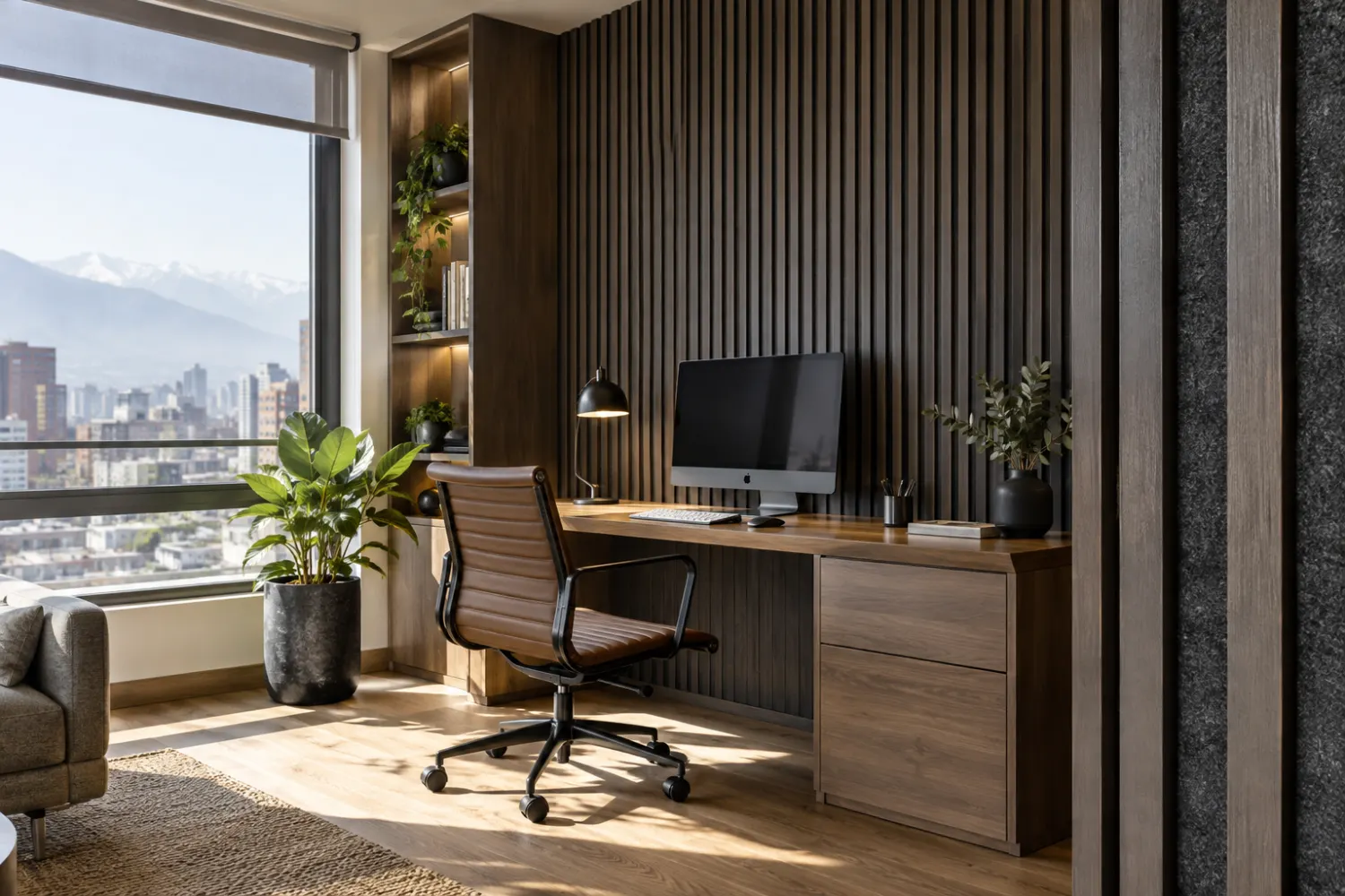 Escenario visual de home office con paneles grafito