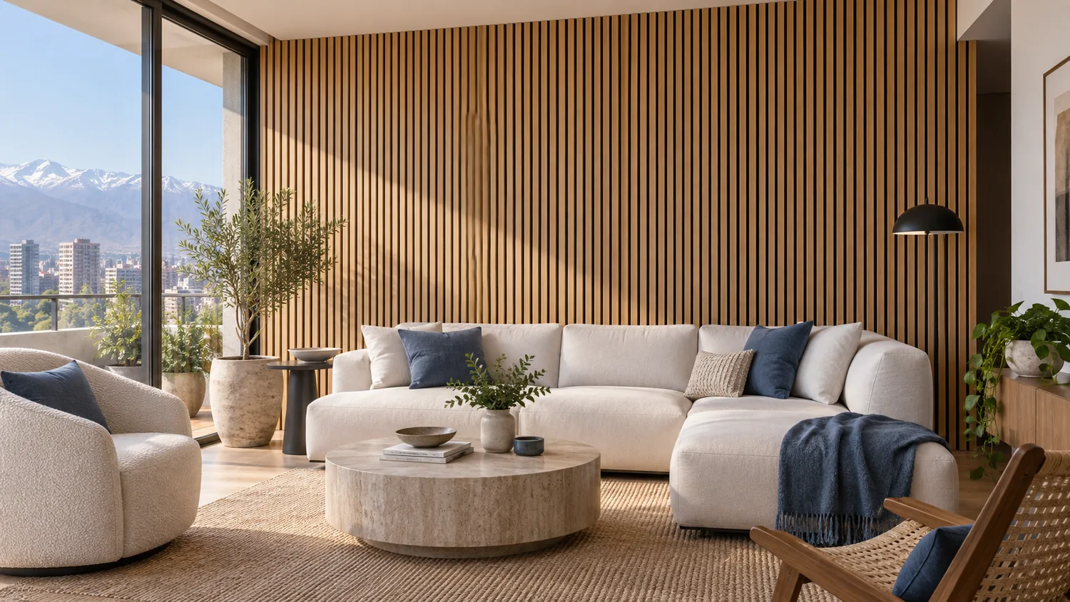 Escenario visual de living con paneles de listones